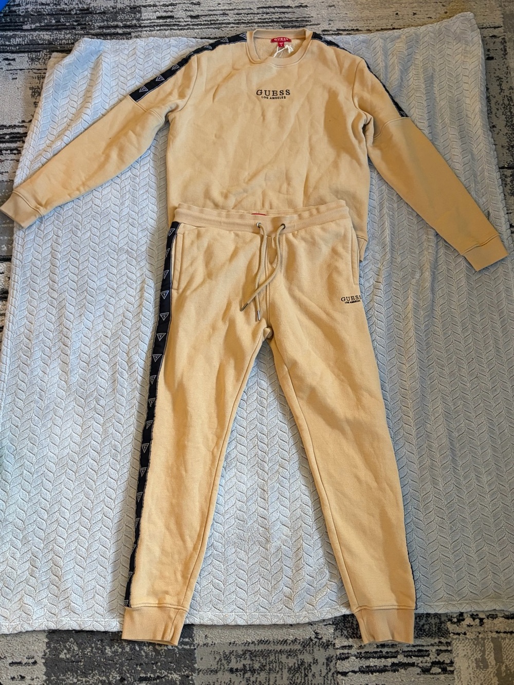 GUESS men’s Beige Jogger Sweat Set with Black Side Trim